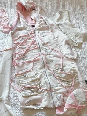 Pink and White Lace-Up Bunny Hooded Zip Jacket